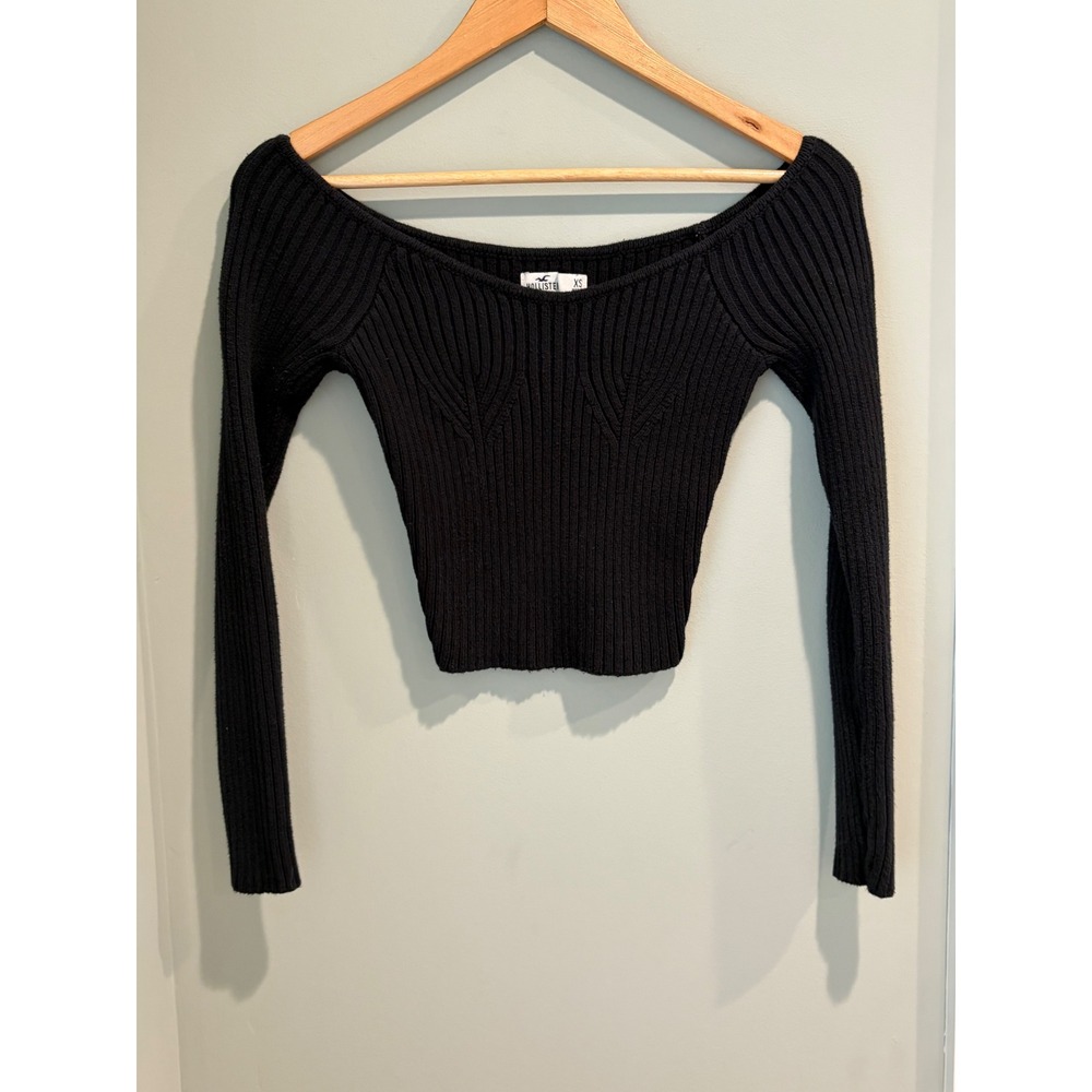 Hollister Womens Black Ribbed Off The Shoulder Long Sleeve Crop Sweater XS